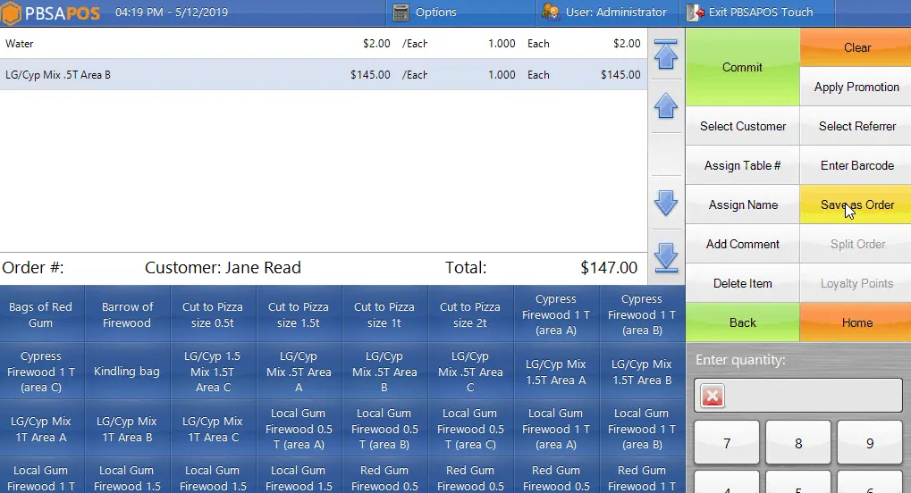 PBSA POS software - customer order
