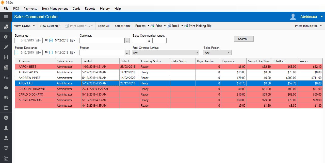 PBSA POS software - laybys
